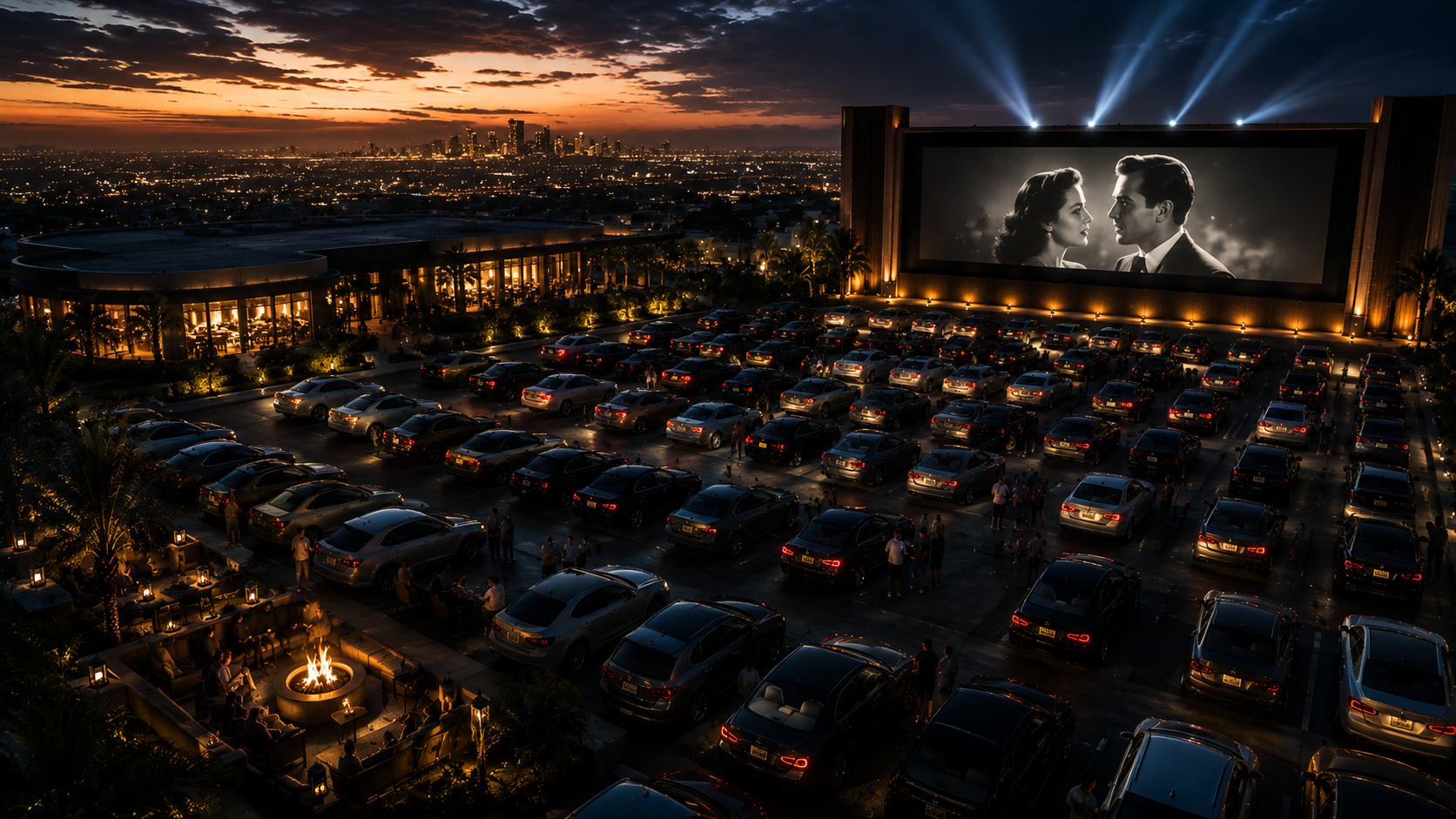 A nighttime drive-in theater overlooking a city skyline
